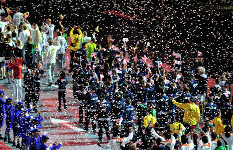 The athletes’ parade during the closing ceremony of the XXX Olympic Games at London’s Olympic stadium.